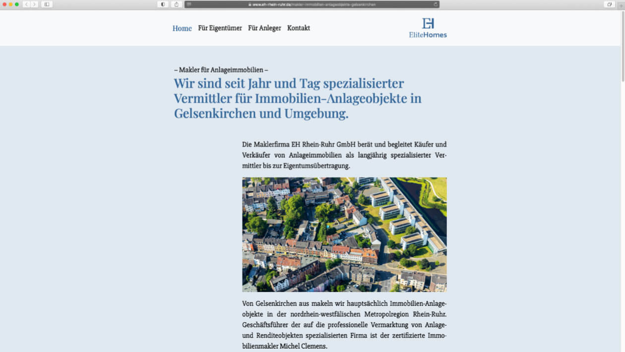 Wie sehen eigentlich SEO-Maß&shy;nahmen aus? Das zeigt die Website des Gelsen&shy;kirchener Maklers für Immo&shy;bilien-Anlage&shy;objekte, EH Rhein-Ruhr GmbH.